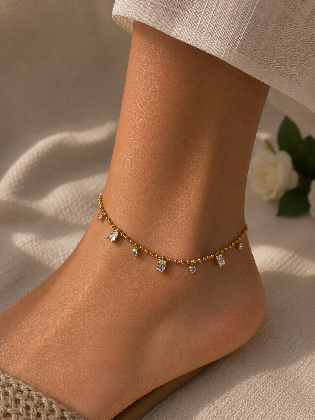 Baguette & Round Crystal Ball-Chain Anklet