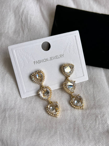 Triple Heart Zircon Drop Earrings