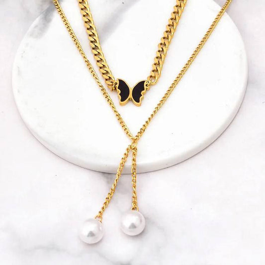 Black Butterfly and Pearl Chain