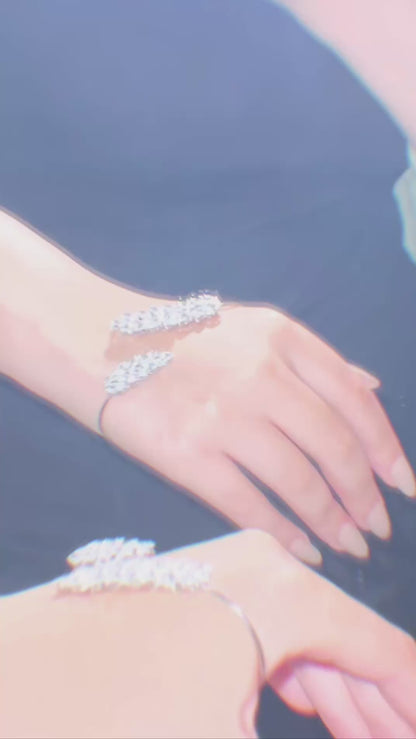 Silver Crystal Leaf Open Cuff Hand Bracelet