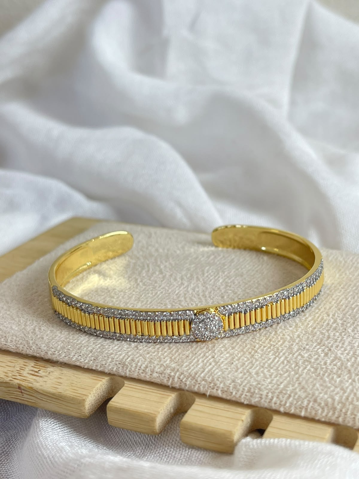 Ribbed Pave Edge Cuff Bangle
