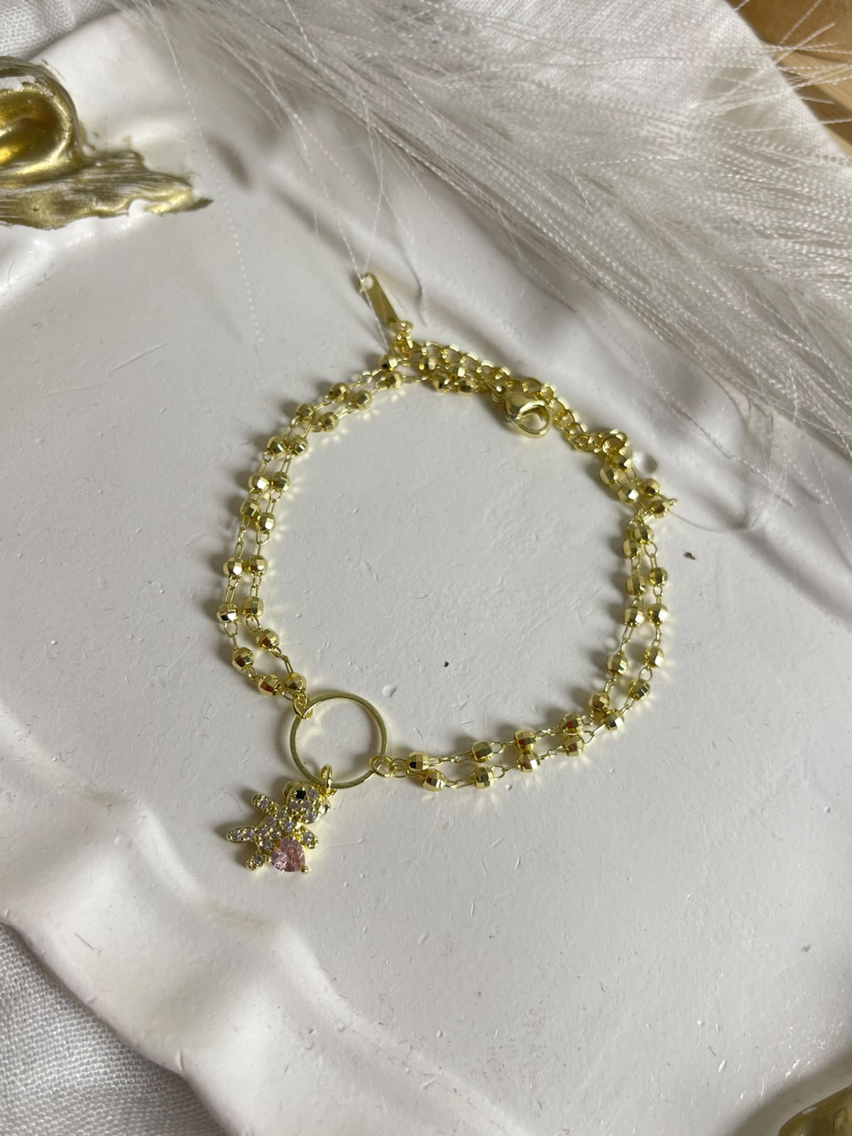 Double-Strand Beaded Bear Charm Bracelet