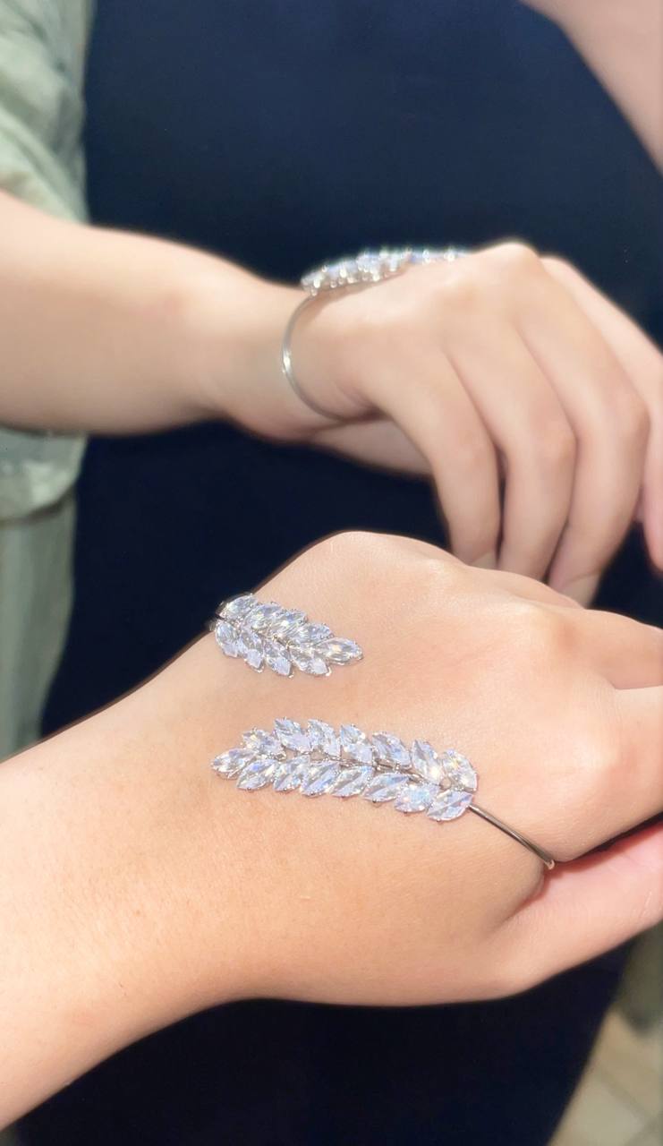 Silver Crystal Leaf Open Cuff Hand Bracelet