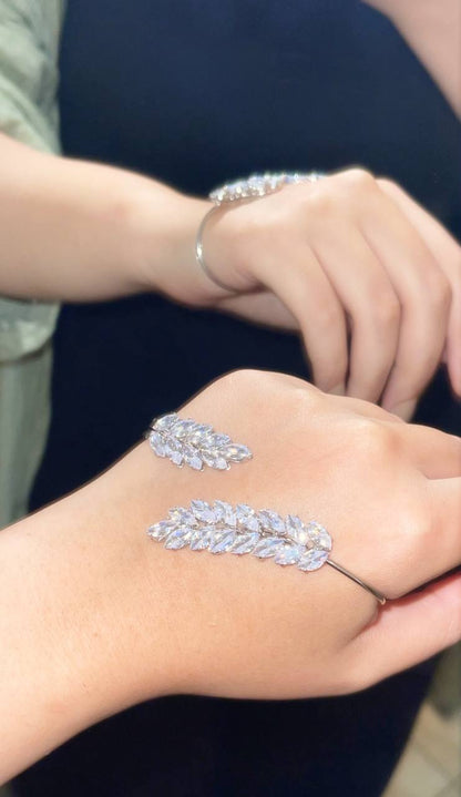 Silver Crystal Leaf Open Cuff Hand Bracelet