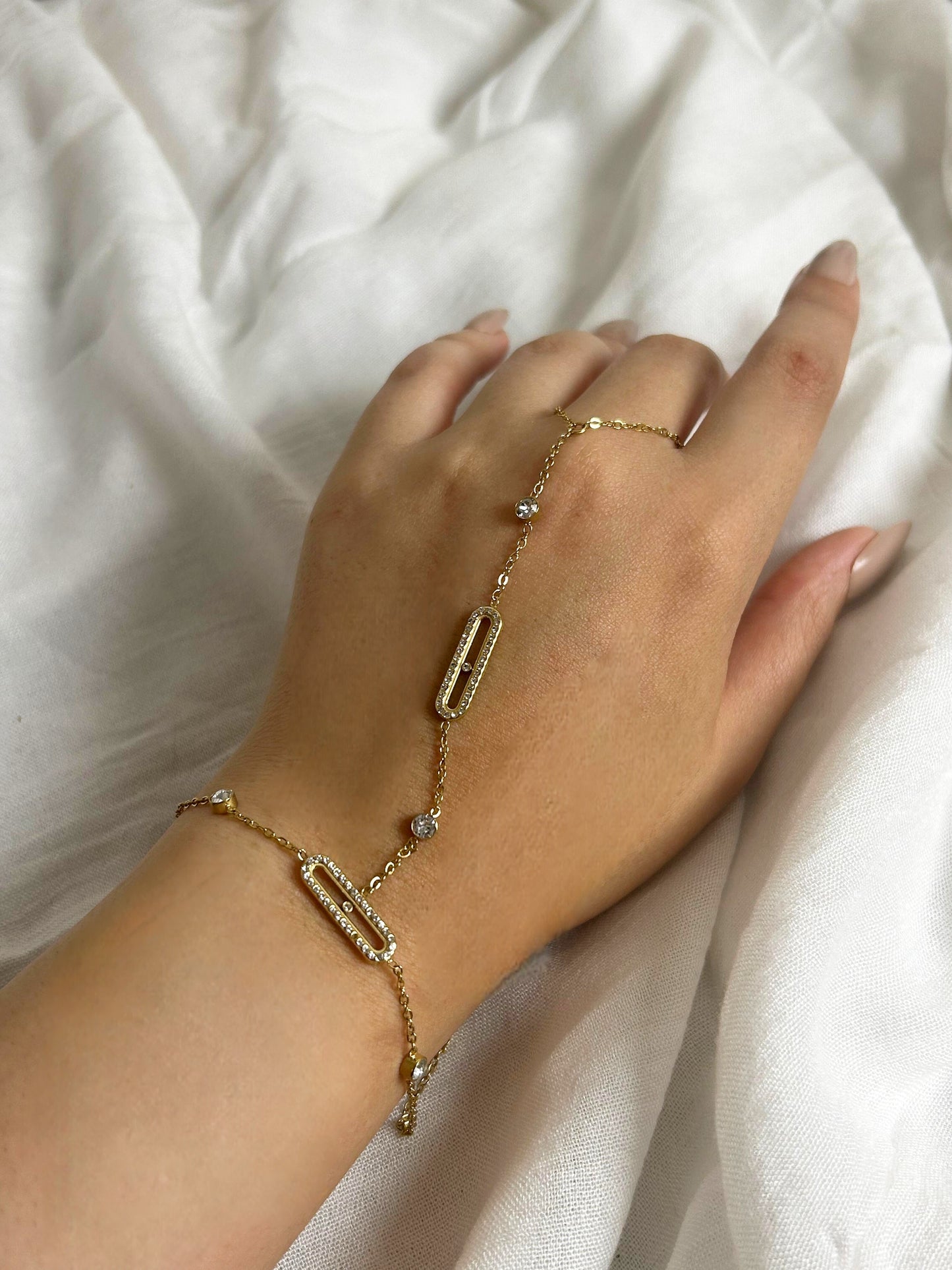 Pave Oval Station Hand Chain Bracelet