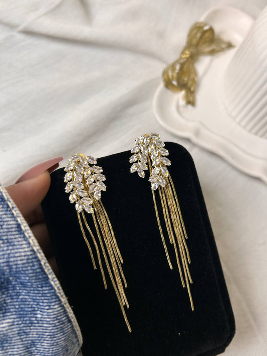 Leaf Crystal Drop Earrings with Gold Chain Tassels
