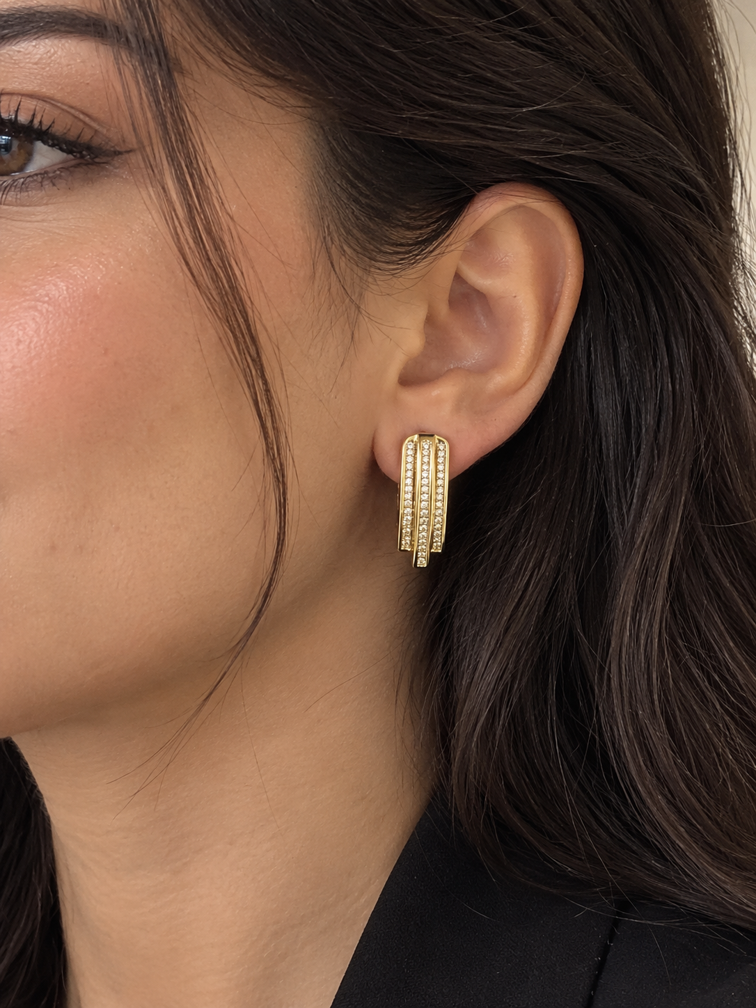Triple-Row Zircon Half-Hoop Earrings