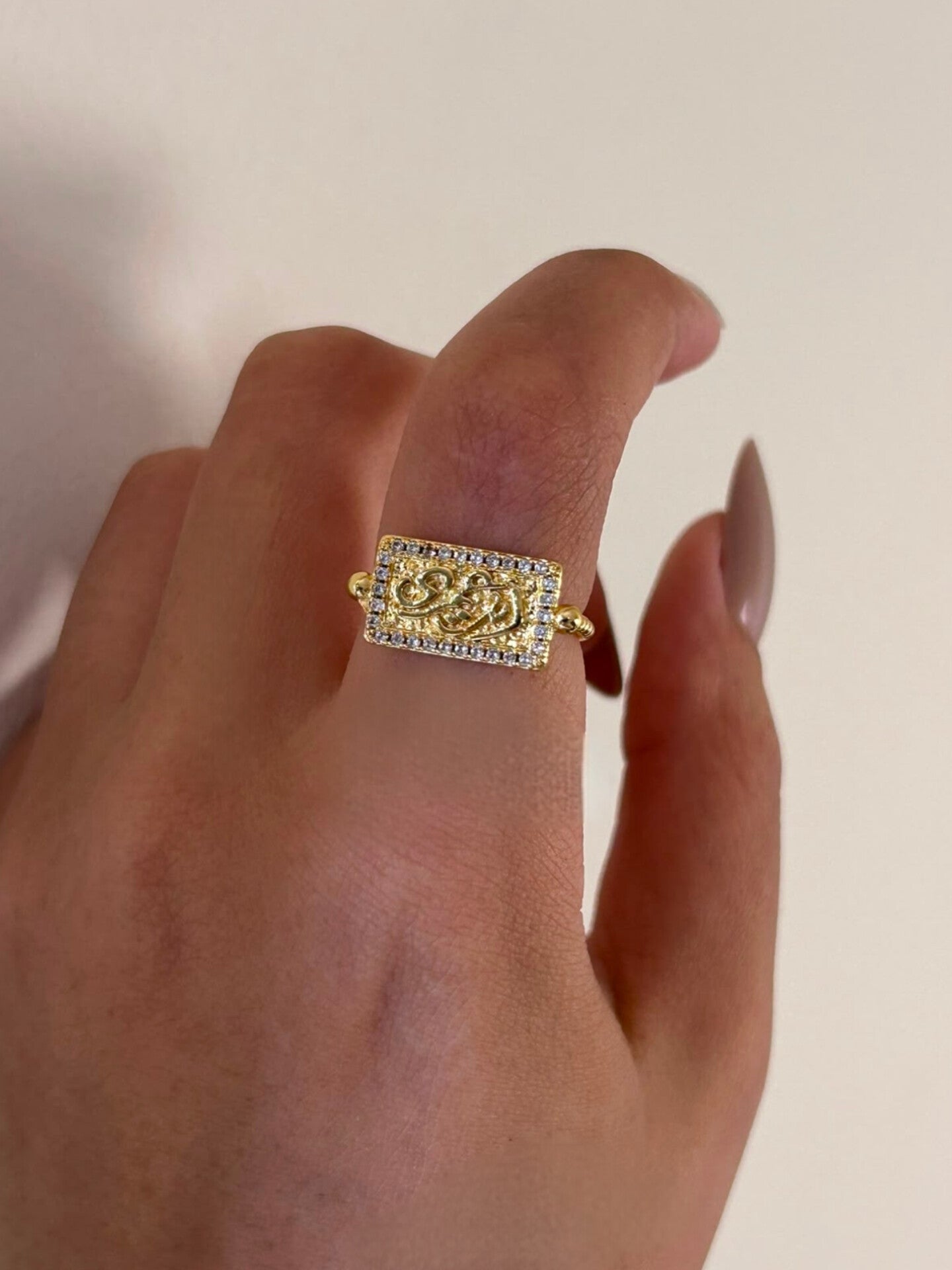Calligraphy Rectangular Pave Ring